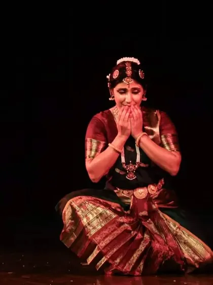 A moment of overwhelming emotion captured during the 'Soukariyam' solo recital. The performance explored the full aesthetic and emotional range of Bharatanatyam.