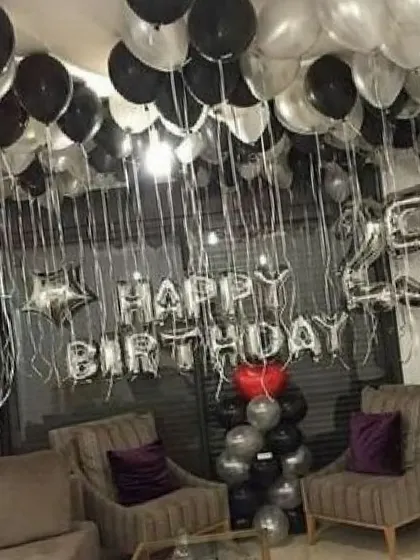 A modern and stylish 25th birthday celebration using a silver and black color scheme. I include large number foils to mark the milestone age, along with a 'Happy Birthday' banner and coordinated balloon arrangements.