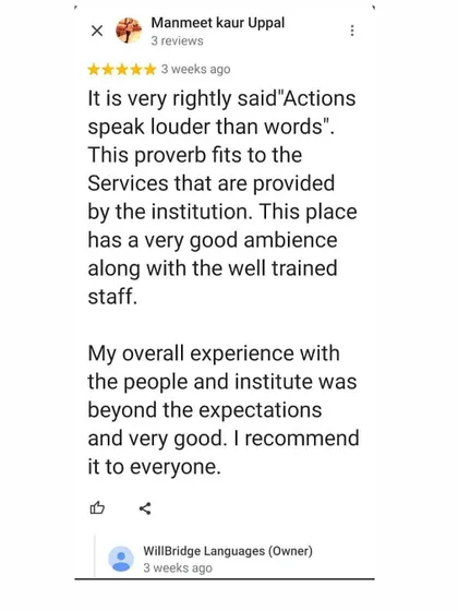 "Actions speak louder than words" is a proverb I live by in my teaching. I am happy to know that students feel my services live up to this, with a good ambiance and well-trained staff contributing to a great experience.