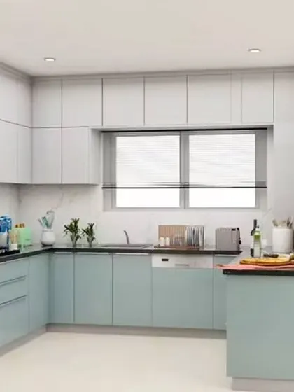 This L-shaped kitchen in a soft pastel blue includes a small, practical breakfast bar. It's a great way to add seating and a casual dining option without requiring a large amount of space.