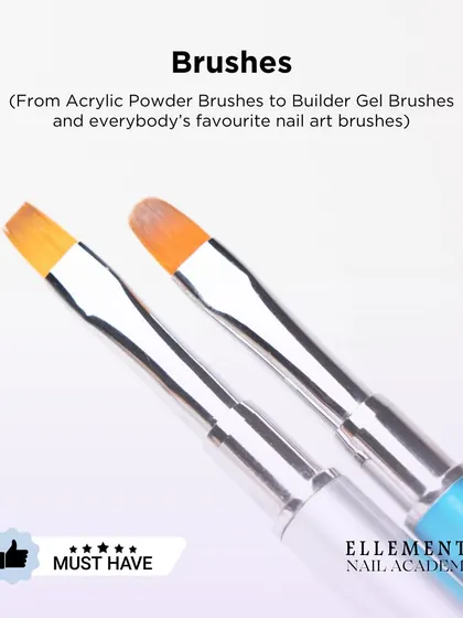 Brushes are essential, from acrylic powder brushes to builder gel brushes and everyone's favorite nail art brushes.