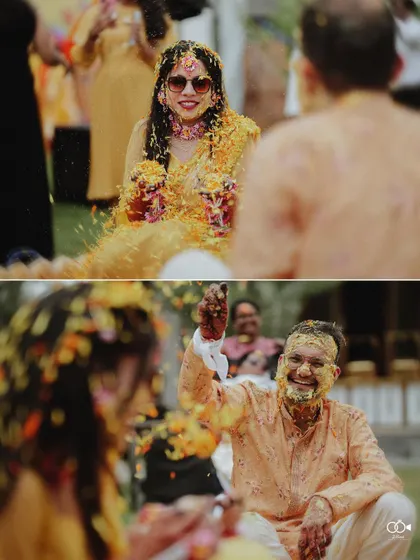 A diptych showing the bride and groom's reactions as they are covered in flower petals during the Haldi.