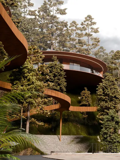 Another perspective of the skywalk and floating villas, showcasing the project's harmonious integration with the steep hillside.