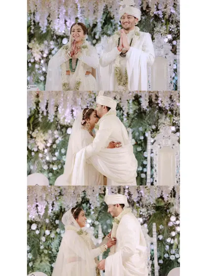 A collage of tender moments from an all-white themed wedding. From the groom's kiss to their shared smiles, it tells a story of gentle, serene love.