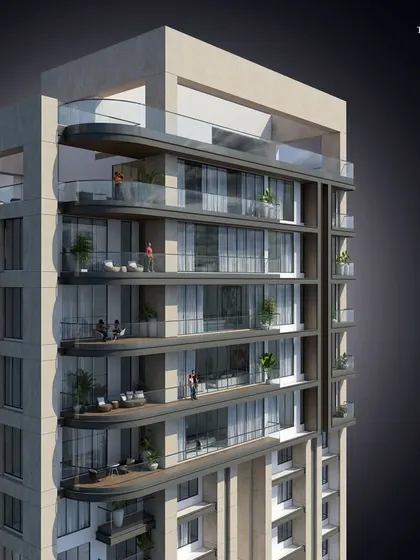 A detailed perspective of the Bandra residence's balconies. These strategically positioned elements open up to expansive, panoramic views of the sea, inviting the serene beauty of the waterfront into each home.