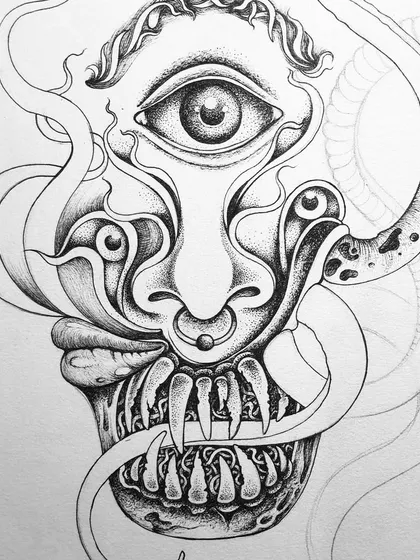 A progress shot of the surreal self-portrait.