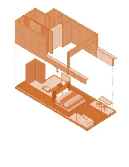 An exploded diagram of a single unit for the beach retreat project, showing how the private and semi-private spaces are organized within the structural frame.