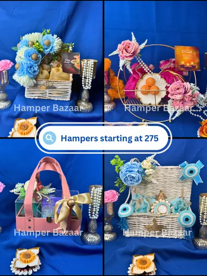 This collage is proof that you can get amazing hampers starting from just ₹275! We offer a wide range of designs and contents, ensuring there's something for every budget and occasion.