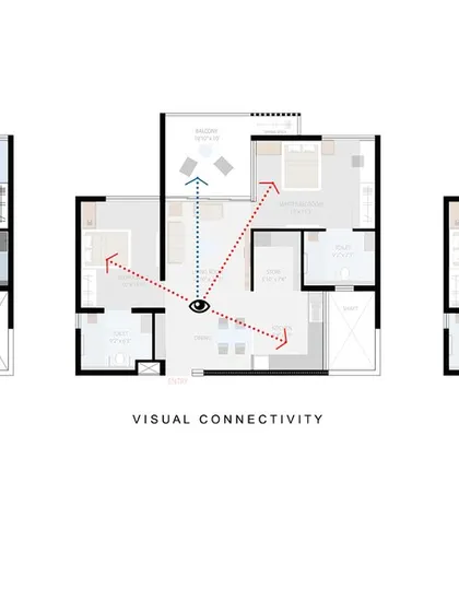This diagram illustrates the accessibility planning for a two-bedroom unit, ensuring ample space for wheelchair movement. Every home is designed with wide corridors and safety features to support the specific needs of senior residents.