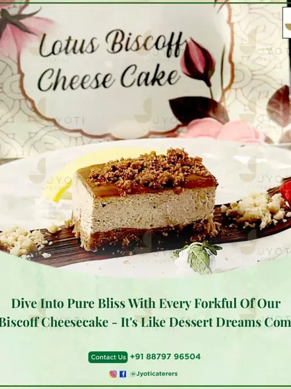 Dive into pure bliss with every forkful of our Lotus Biscoff Cheesecake. It's like a dessert dream come true, with a crunchy base and creamy topping.