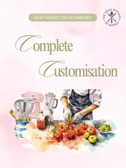 We offer complete customisation. This watercolour illustration shows a chef preparing fresh ingredients, symbolising how every order is custom-built to your taste and dietary choices.