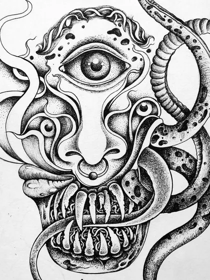 A close-up of the finished surreal self-portrait.