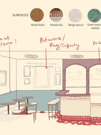 A sketch from the Mina Creamery project, showing our initial ideas for the layout. We explored dual-tone walls, arches, and the placement of artwork and rugs to create a vibrant and eclectic atmosphere.