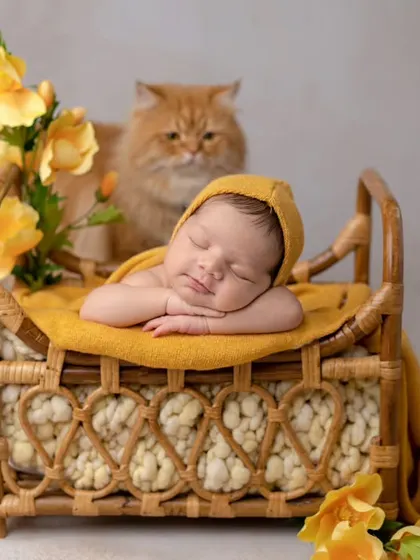 Even the family pet can join in to welcome the new baby. This sweet newborn is sleeping peacefully in a miniature bed while their furry big brother watches over them.