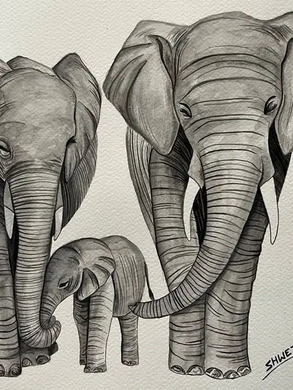 This watercolor painting of an elephant family shows my love for nature. I use monochrome tones to create a sense of togetherness and emotion, focusing on the detailed textures and bonds between the animals.
