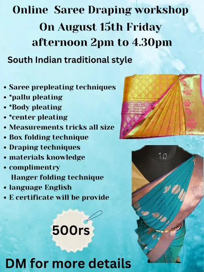 My online workshops cover all the essentials, including pallu, body, and center pleating, plus a complimentary hanger folding technique.