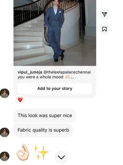 Our greatest pride is our clients' satisfaction. This feedback on a custom suit highlights the superb fabric quality and the overall look we strive to achieve. We are dedicated to creating pieces that you not only love but feel confident wearing.