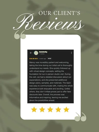A wonderful review from a client after their studio visit, praising our patient and thorough approach to understanding their needs from the very first call.