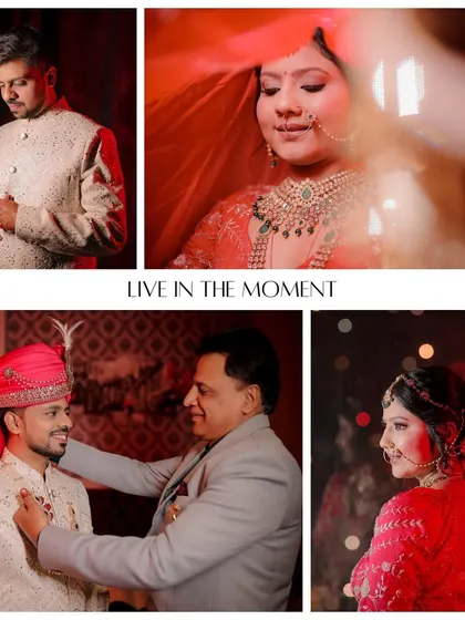 This collage captures the final moments of preparation for both the bride and groom. It includes a touching moment of a father helping his son, adding an emotional layer to the story.