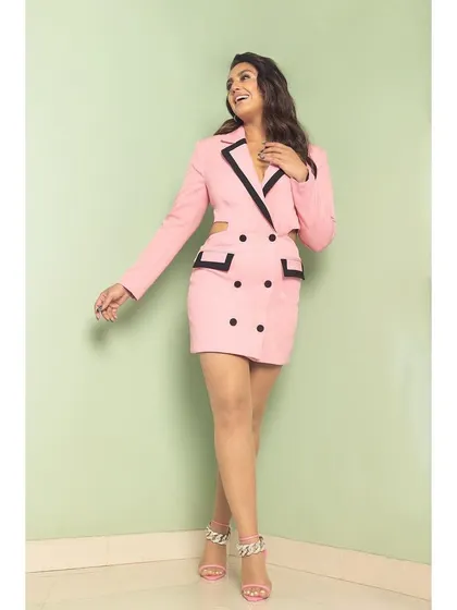 A happy, confident pose in the River Island blazer dress.