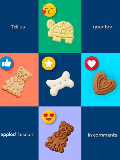 Which Applod biscuit shape is your dog's favorite? We make our oven-baked treats in fun shapes like bones, hearts, and animals.