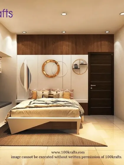A playful and modern kids' room from the Pune project. The design uses geometric shapes, a neutral color palette with pops of orange, and a cozy bed nook.