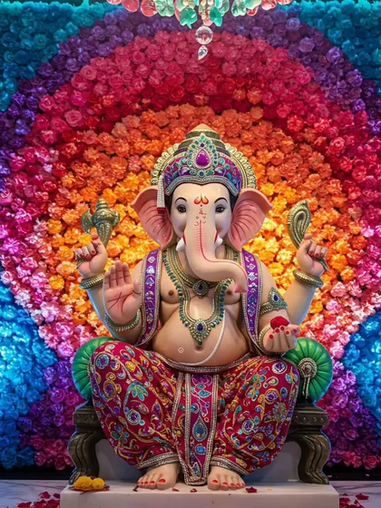 Celebrate with a burst of color. This Ganpati mandap showcases a spectacular rainbow arch made of densely packed roses, creating an incredibly vibrant and joyous backdrop for Bappa.