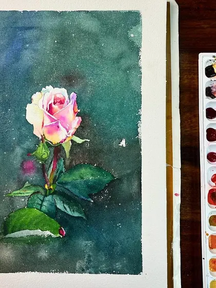 A watercolor demonstration of a single rose. This piece is a study in creating soft, delicate petals with a loose, atmospheric background.