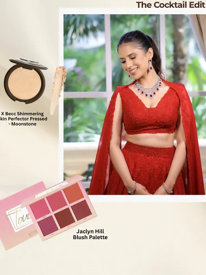 The Cocktail Edit: For that perfect flush and glow, I used the Jaclyn Hill blush palette and Becca's iconic Moonstone highlighter.