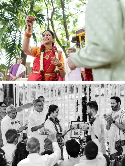 More moments from the engagement ceremony, showing the blend of traditional rituals and candid joy. The decor is designed to enhance the beauty of these authentic interactions.