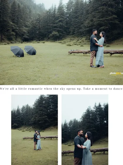 A collage from a monsoon-themed anniversary shoot, capturing the couple's romantic connection amidst the beautiful, rainy landscape of the mountains.