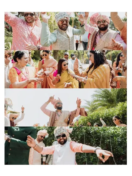 A collage of the energetic and joyful Baraat, with guests dancing and celebrating the groom's arrival.