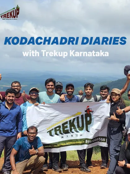 Kodachadri diaries. A proud group photo with the Trekup banner after a successful trek to the summit.