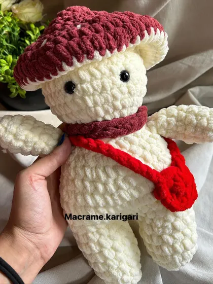 A different angle of our adorable mushroom plushie. The quality of the chunky yarn gives it a premium, soft feel.