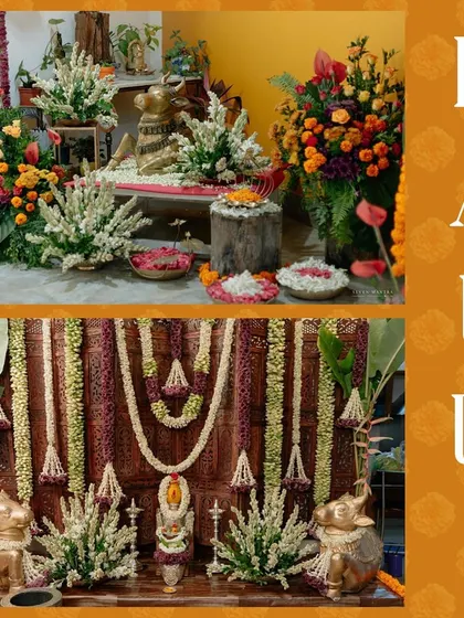 This collage shows the traditional decor for a Haldi ceremony. I used a teak wood partition adorned with tuberose and marigold garlands to create an authentic and fragrant entrance.