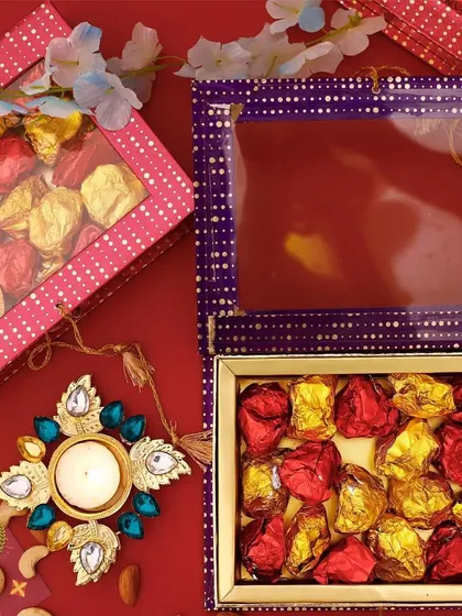 Our Assorted Chocolate Rocks presented in elegant gift boxes with a see-through window. These make for a wonderful and delicious Diwali gift for colleagues and loved ones.