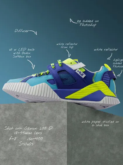 A complete breakdown of the lighting, camera settings, and Photoshop techniques used to create the final Fila sneaker advertisement.