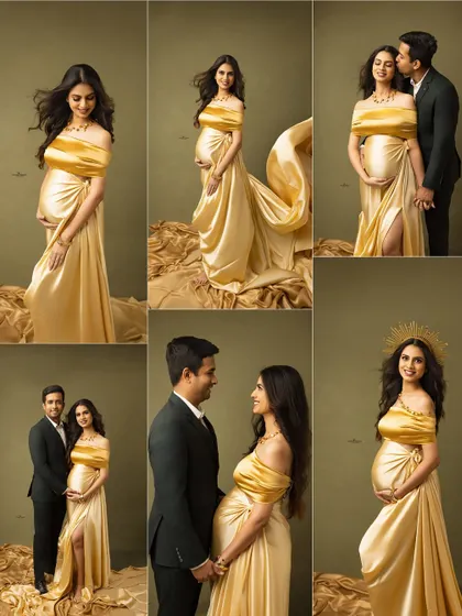 A collage of glamorous maternity portraits in a stunning golden gown. It showcases a variety of solo and couple poses, all exuding elegance and style.
