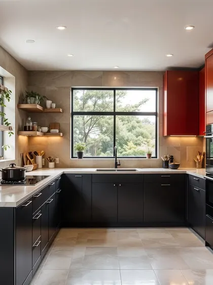 A modern kitchen concept with matte black lower cabinets and vibrant red upper cabinets. The design is bold, functional, and full of personality.