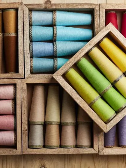 A flat-lay composition of colorful yarn cones organized in wooden boxes. This artistic arrangement showcases the brand's color palette in a creative and visually appealing way.
