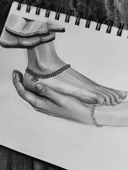 A work-in-progress sketch showing a hand gently holding a foot adorned with a 'payal' or anklet. This piece is about care, respect, and the beauty found in small, intimate gestures.