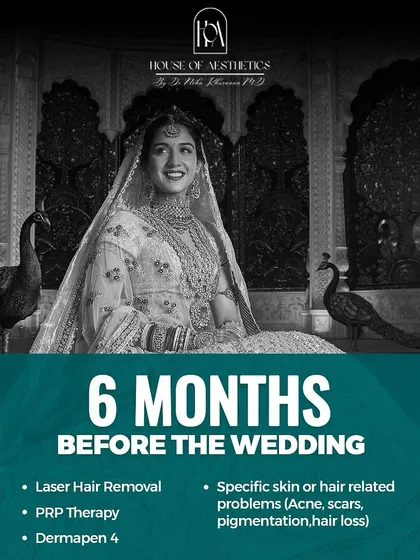 Six months before the wedding is the perfect time to start. We can begin Laser Hair Removal, PRP Therapy, Dermapen 4, and address any specific skin or hair concerns like acne, scars, or hair loss.