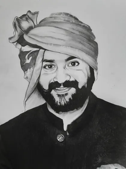 A commissioned portrait of a man in a traditional turban, drawn with pencil on A3 paper. The challenge here was to get the folds and look of the turban right, along with his warm expression.
