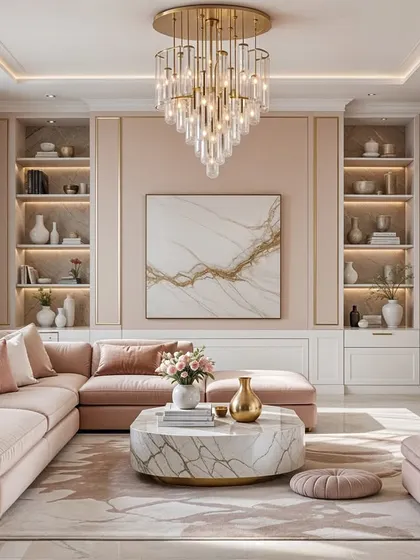 This render showcases a cozy and elegant living room with a pink sectional, a round marble coffee table, and classic wall paneling. The space feels both sophisticated and inviting.