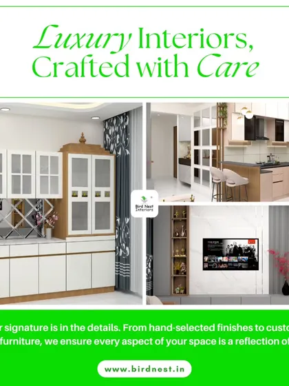 Luxury interiors, crafted with care. This collage displays a high-end crockery unit, a modern kitchen, and a sophisticated TV lounge, reflecting our attention to detail and quality.