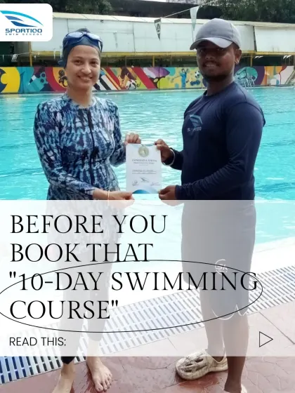 Before you sign up for a "10-day course," consider what you will actually learn. This student is holding a certificate of real achievement from our program, representing weeks of dedicated practice in proper swimming technique, not a participation trophy.