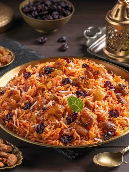 A plate of Chicken Biryani with nuts and raisins, styled in a traditional brass plate to give it a royal, Mughlai feel.