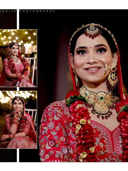 A radiant bridal portrait collage. The main photo is a stunning close-up of the bride's smiling face, complemented by smaller shots that show her in the wedding setting.