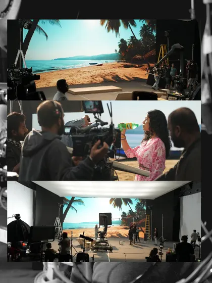 A closer look at the virtual beach scene created for the Campa ad. The top and bottom frames show how the physical set elements blend seamlessly with the sunny beach backdrop on the LED wall.