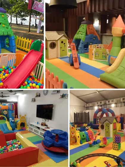 This collage shows various playzone setups, including a large indoor area with a climbing wall and ball pit, and another in a corporate setting. I bring the fun to any event, big or small.